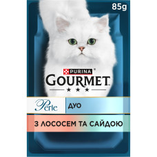 Вологий корм GOURMET Perle Duo для дорослих котів, міні філе у підливці, з лососем та сайдою, 85 г