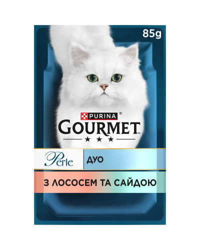 Влажный корм GOURMET Perle Duo для взрослых кошек, мини филе в соусе, с лососем и сайдой, 85 г