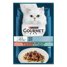 Вологий корм GOURMET Perle Duo для дорослих котів, міні філе у підливці, з лососем та сайдою, 85 г