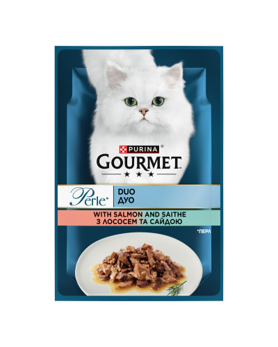 Влажный корм GOURMET Perle Duo для взрослых кошек, мини филе в соусе, с лососем и сайдой, 85 г